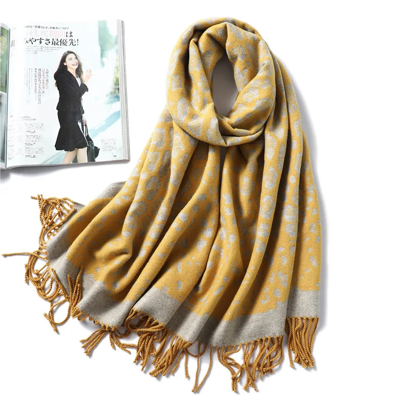 Зимний кашемировый шарф для женщин, Модный женский леопардовый узор, двусторонняя теплая шаль с кисточками, большой размер, мягкое одеяло из пашмины