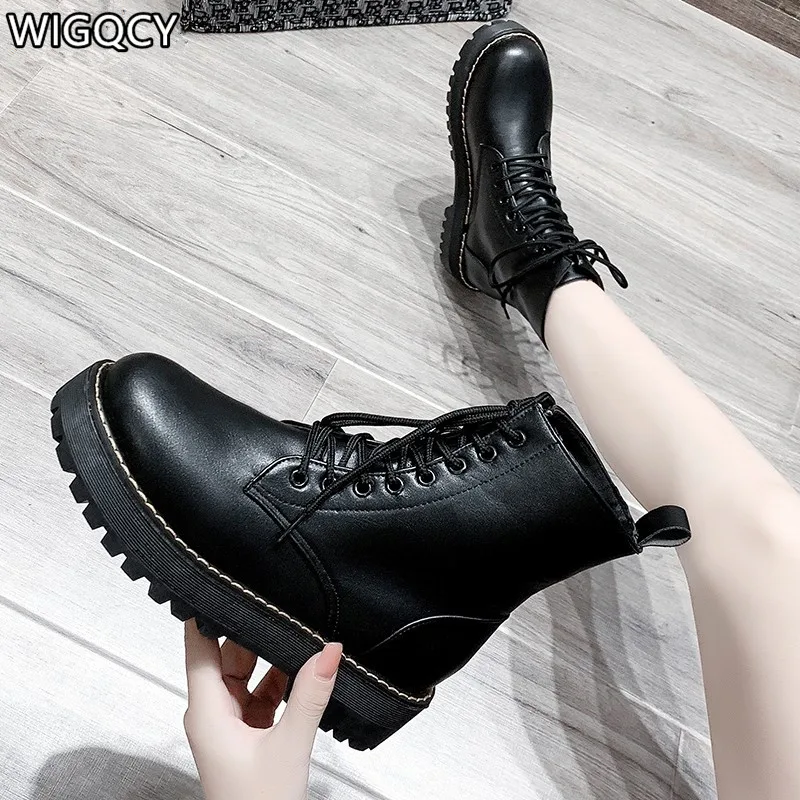 Nuevo  2020 de las mujeres de moda de invierno, botas de piel de becerro de cabeza redonda de las mujeres botas Martin botas negro tacón medio Tacón cuadrado zapatos de mujer PU D1275 5ByKQGokV