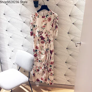 

Law Single 2020 Summer Slim Fit Short Sleeve Rose Wrinkles Printing Wrinkles Women's Wear Dress