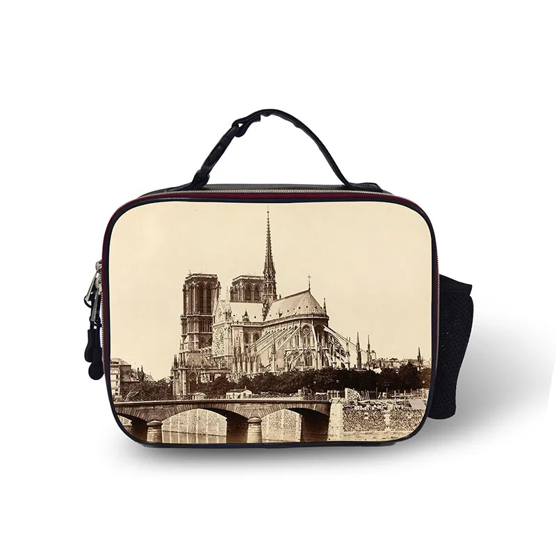

Notre Dame Scenery Pattern Leather Lunch Bag Deconstructable Children Meal Bento Box Bag Container