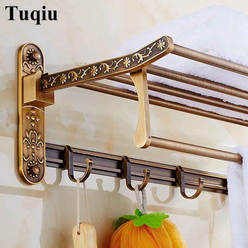 towel rack Набор аксессуаров для ванной комнаты античный бронзовый резной алюминиевый набор для ванной полотенцесушитель, туалетная бумага держатель щетки, крючки - Цвет: towel rack