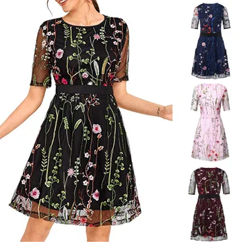 

Fashion Women Floral Short Mini Dress Holiday Evening Party Beach Dresses Sexy O-neck Floral Embroidery Sundress Plus Size Dress