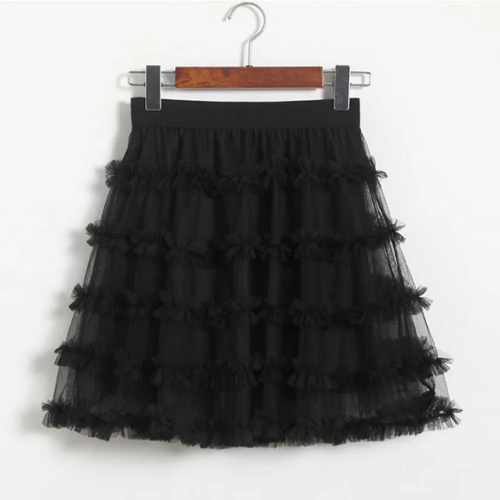 Женская плиссированная юбка с эластичным поясом черная сетчатая короткая из