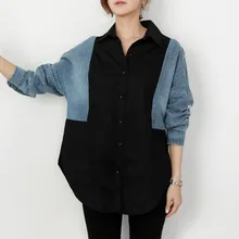 ^#Cheap Fashion Korean Blouse 2019 Autumn Designer Ripped Denim Patchwork Shirts Fake Two Piece Black Women Tops Causal Streetwear ^#Cheap Fashion Korean Blouse 2019 Autumn Designer Ripped Denim Patchwork Shirts Fake Two Piece Black Women Tops Causal Streetwear