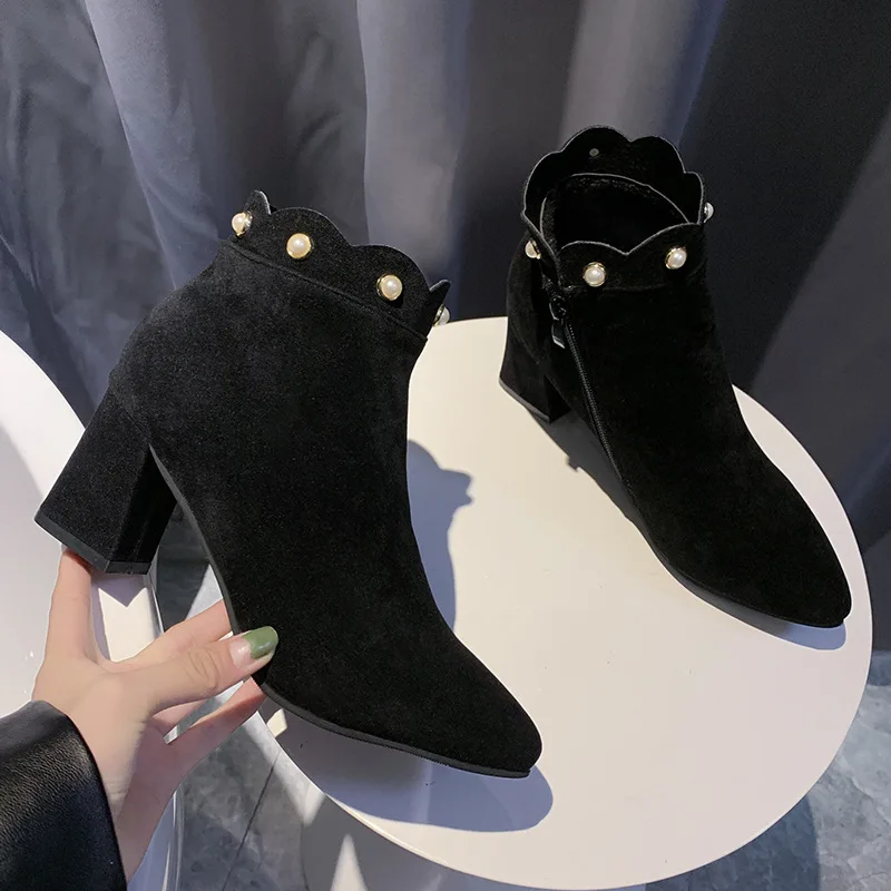 

ARSMUNDI 2019 New Flock Ankle Boots Women For Autumn Winter Fashion Pointed Toe Square heel Zipper Woman Dress Boots M839