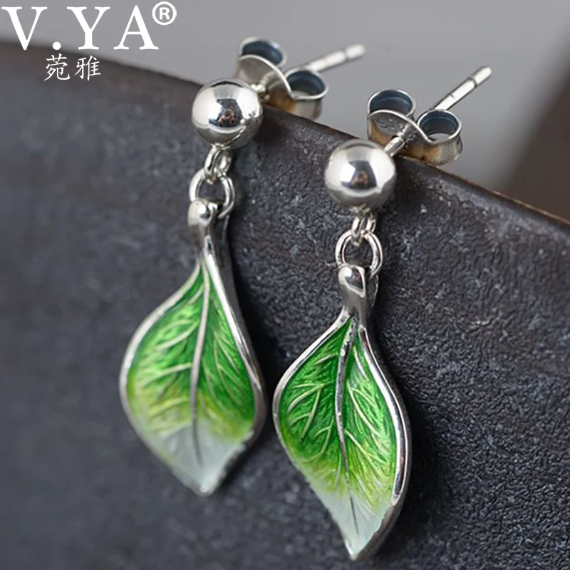 

V.YA S925 Silver Fresh Ethnic Stud Earring For Women Multi-color Enamel leaf Earring Handmade Wedding Gift Jewelry