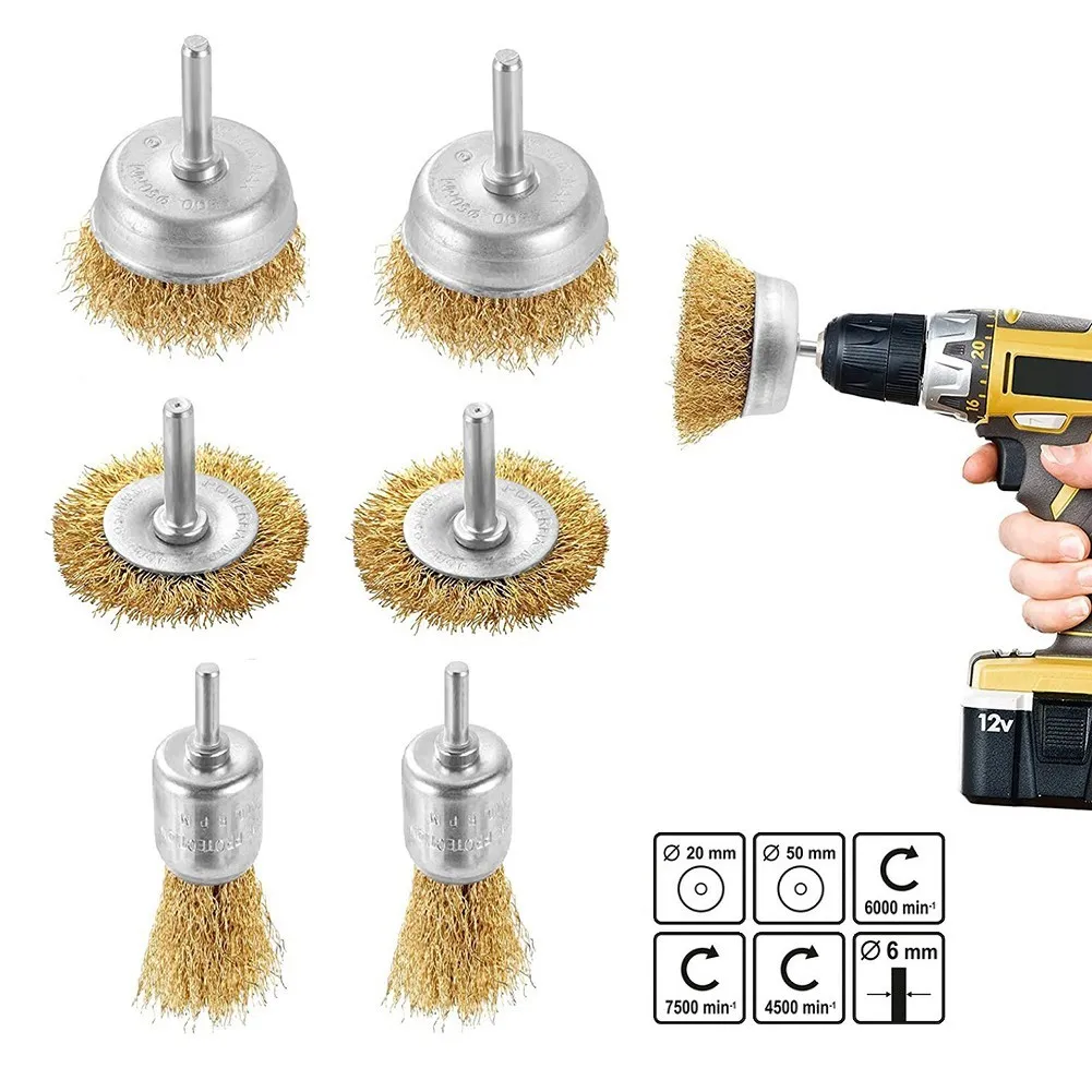 6 Pcs Crimped Wire Wheel Cup Brush Set Universal Tools Set Power Drill Rust Removal Stripping And Abrasive Polishing Brushes