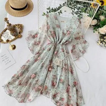

Women Irregular Polka Flower Ruffle Dress Summer Boho Vintage Party Print Dress Elegant Beach Long Korean Chiffon Dress 2019