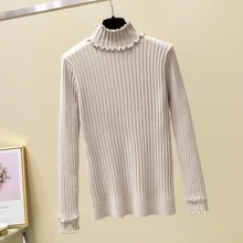 

2021 Sweater Mujer Solid Slim Half High Collar Pull Femme Knitted Fungus Women Sweater Autumn Winter Pullover Long Sleeve Female