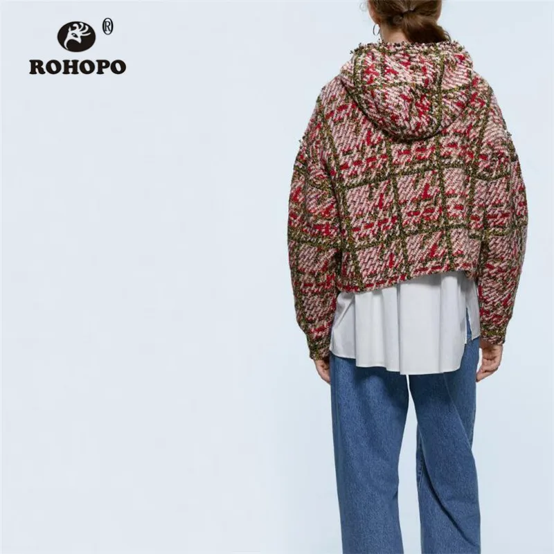 ROHOPO, с капюшоном, воротник, бисер, жемчуг, твид, вязанная толстовка, осенняя женская, шикарная, Ретро стиль, в клетку, толстая, зимняя, красная, толстовки#9732