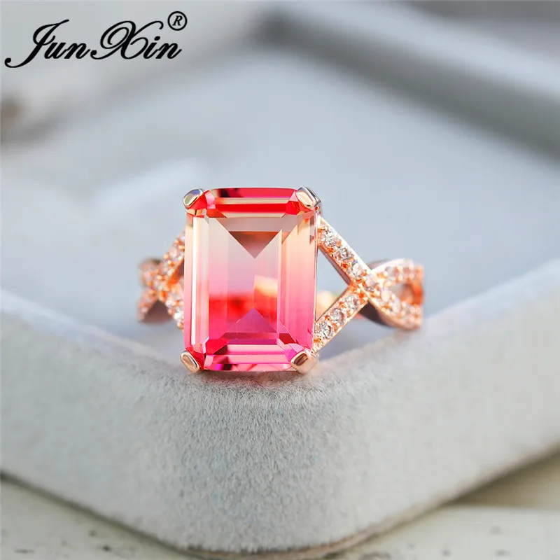 Pink Yellow Ring Градиентные радужные огненные хрустальные прямоугольные кольца для женщин, обручальные кольца с сине-зеленым камнем, обручальное кольцо, ювелирные изделия из розового золота - Цвет основного камня: Pink Yellow Ring
