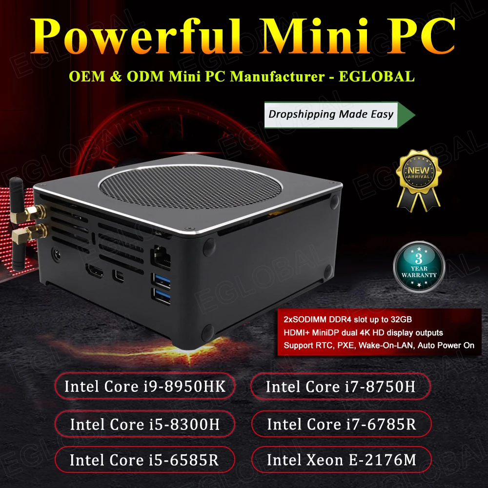 Eglobal Gaming Mini PC 2 SODIMM DDR4 up to 64GB Intel Core i9/i7/i5 Cooling Fan Mini Computer Type-