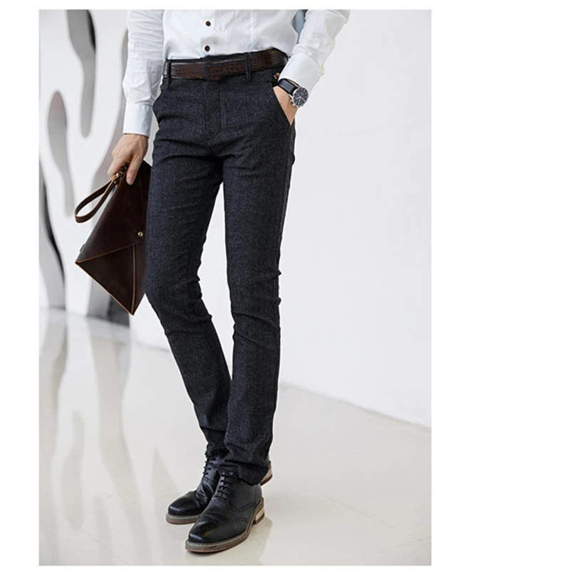Autumn Winter High Quality Cotton Linen Solid Color Casual Pants Pocket Leather Medal Badge Men's Business Fashion Slim Trousers