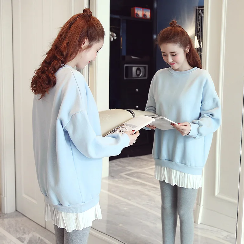 

Maternity Clothes Pregnant Women Brushed And Thick Dress Tops Long Sleeve Pregnancy Loose-Fit Sweet Tops