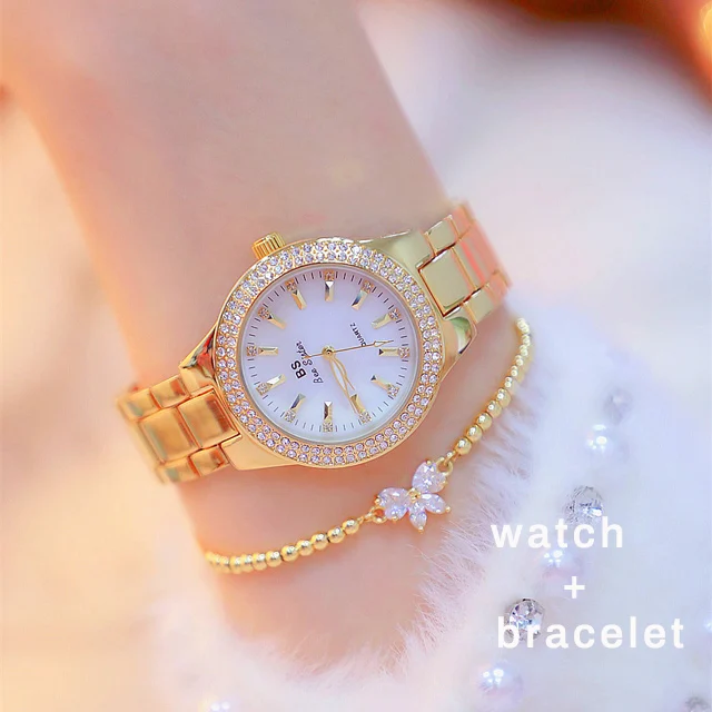 Женские часы с бриллиантами модные роскошные Брендовые женские часы с кристаллами Золотые женские наручные часы из нержавеющей стали Relogio Feminino - Цвет: gold bracelet