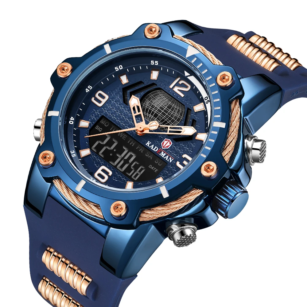 

KADEMAN Fashion Mens Watch Casual Male Wrist Watches Blue Rubber Alarm Week Dual Display Top Quality Waterproof Erkek Kol Saati