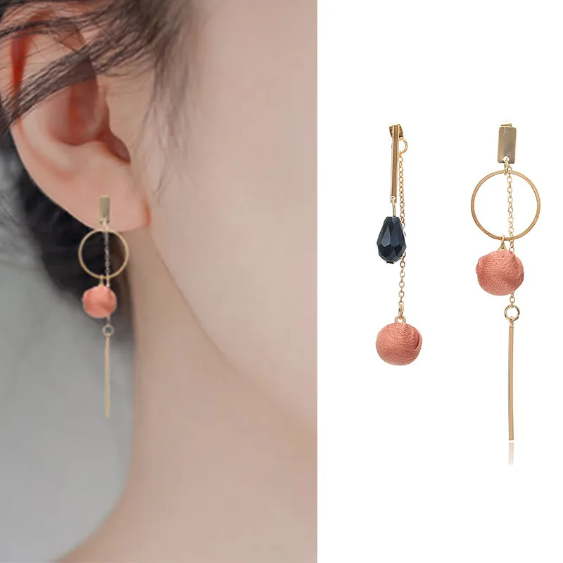 

Long Slope Geometric Asymmetry Earrings Special Pink Cloth Ball Round Hollow Tassel Chain Dangle Earring For Women Party Jewelry