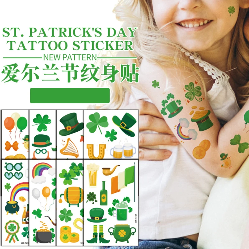 

St. Patrick's Day 1pc Green Temporary Tattoos Sticker Colorful Fake Tatoo Clover Tatto Waterproof Body Art for Men Women Gift