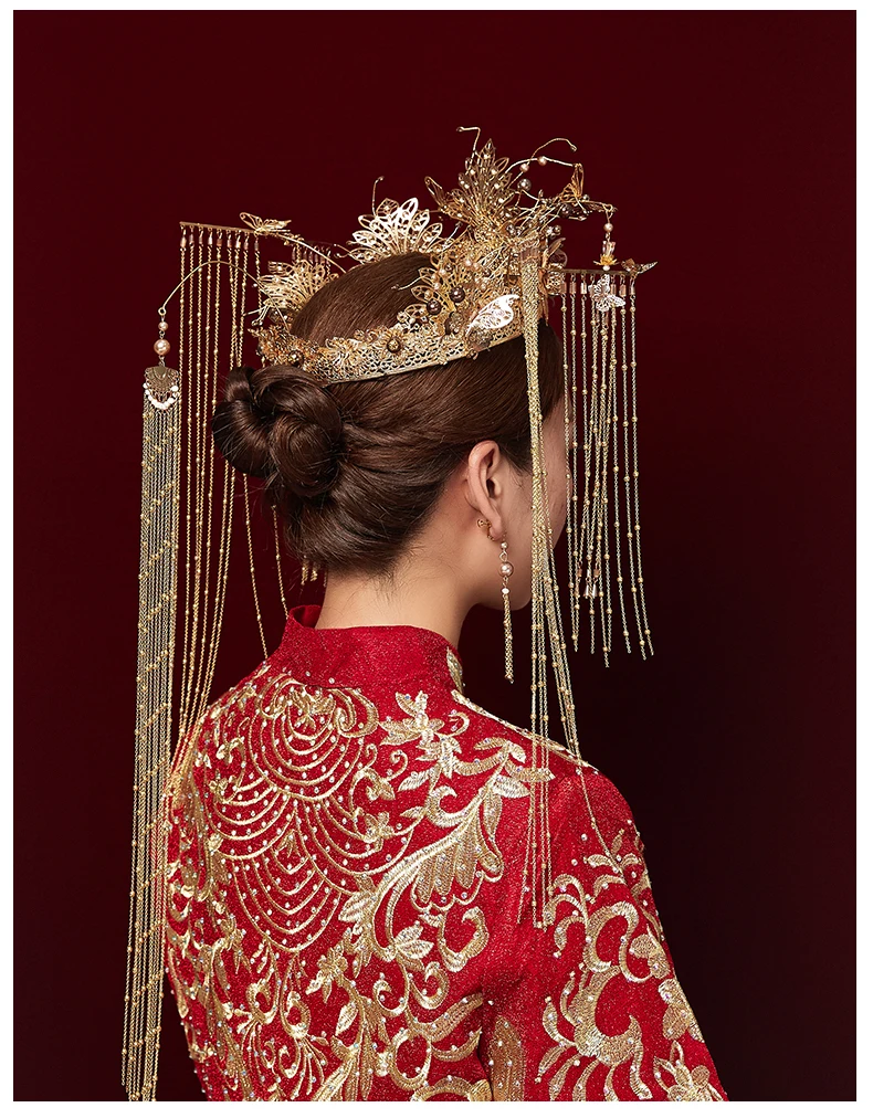 HIMSTORY китайские свадебные тиары королева Феникс диадема Длинные кисточкой короны ювелирные изделия для волос серьги набор волос аксессуар для головы