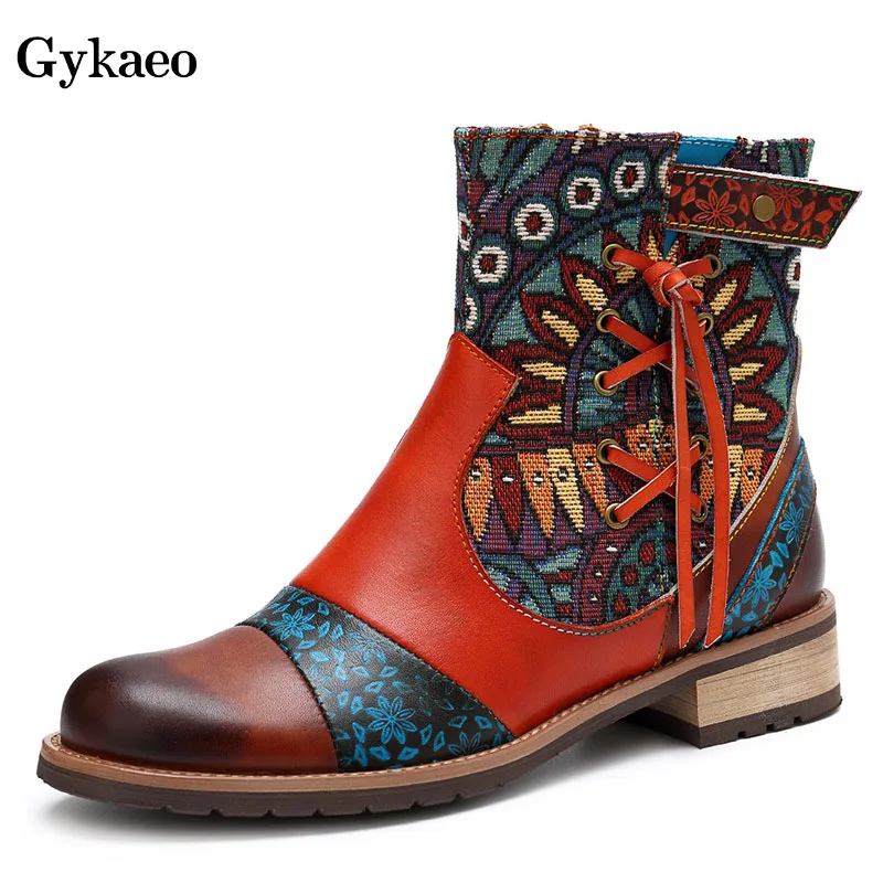 Gykaeo European and American Style Printing Genuine Leather Women Boots Ladies Fashion Plus Size Warm Shoes Botas Mujer Invierno