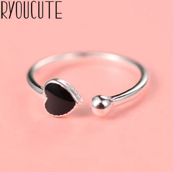 

Simple Style Silver Color Black Heart Rings for Women Men Jewelry Big Open Rings bague femme
