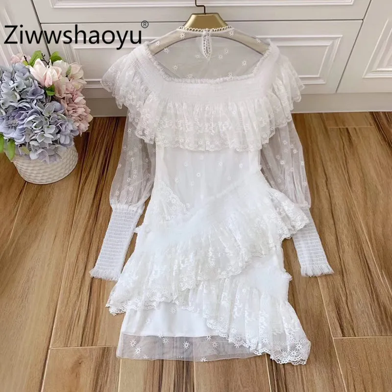 Белый Ziwwshaoyu/Новое поступление года; дизайнерские женские сетчатые Мини платья в стиле пэчворк с длинными рукавами и тонкой вышивкой; праздничное платье - Цвет: Белый