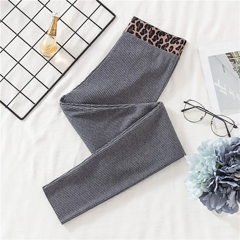 Leopard Deep Gray Новинка, весенне-осенние хлопковые полосатые леггинсы, женские леггинсы с высокой эластичной талией, узкие брюки, универсальные базовые штаны для женщин - Цвет: Leopard Deep Gray