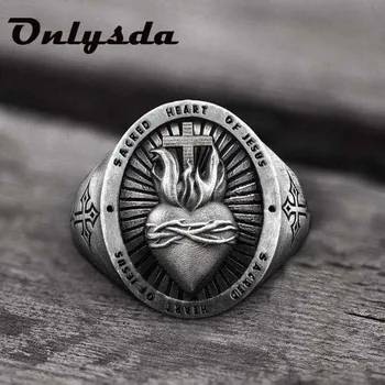 

Wholesale 316L Stainless Steel Ladies Mens Biker Punk Sacred Heart Of Jesus God Ring Cross Amulet Jewelry For Man Gift OSR607