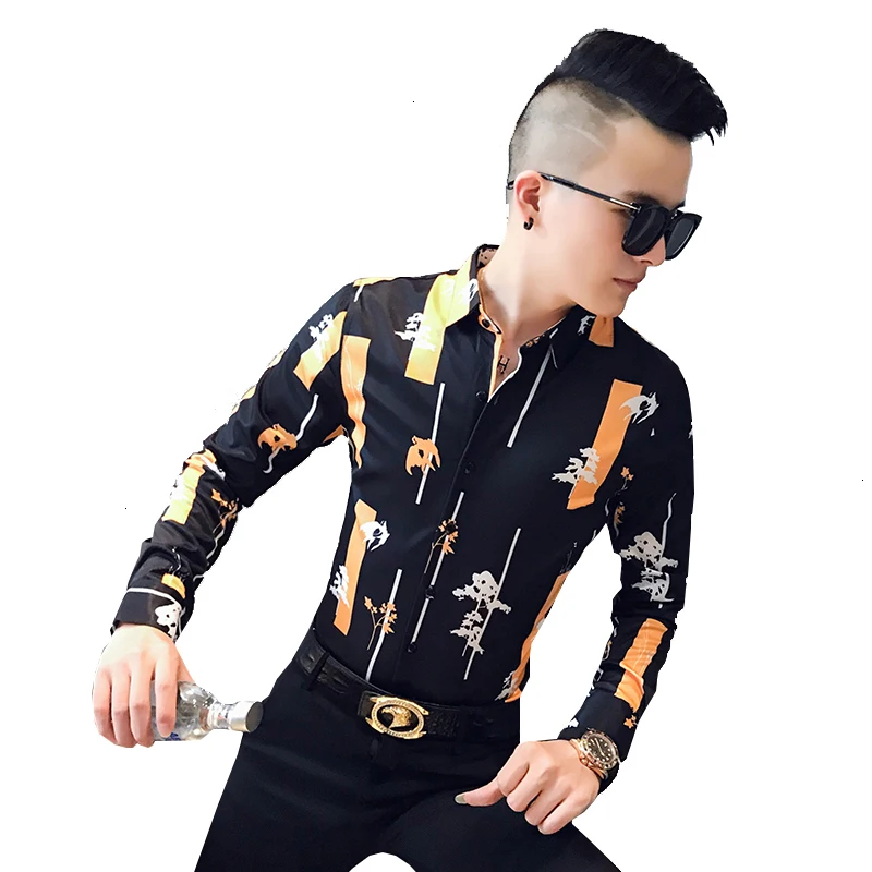 Повседневная Блузка Homme 3XL, осенняя одежда, мужская рубашка с индивидуальным принтом, модная Корейская мужская рубашка с длинным рукавом, рубашки с принтом, мужская приталенная рубашка