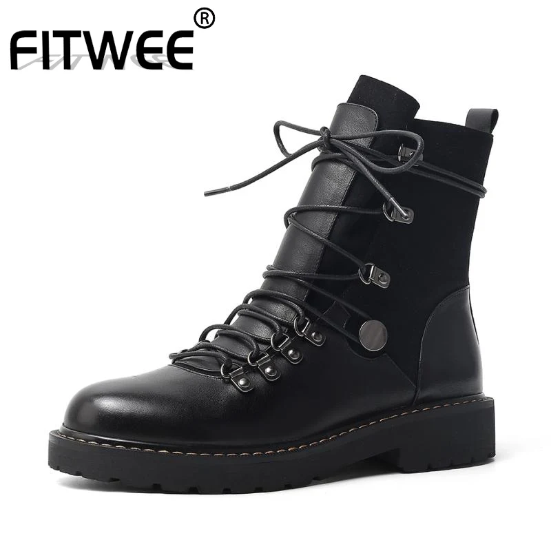 

FITWEE Ankle Boots For Women Genuine Leather Winter Shoes Women Casual Lace Up Black Round Toe Flats Short Boots Size 33-40