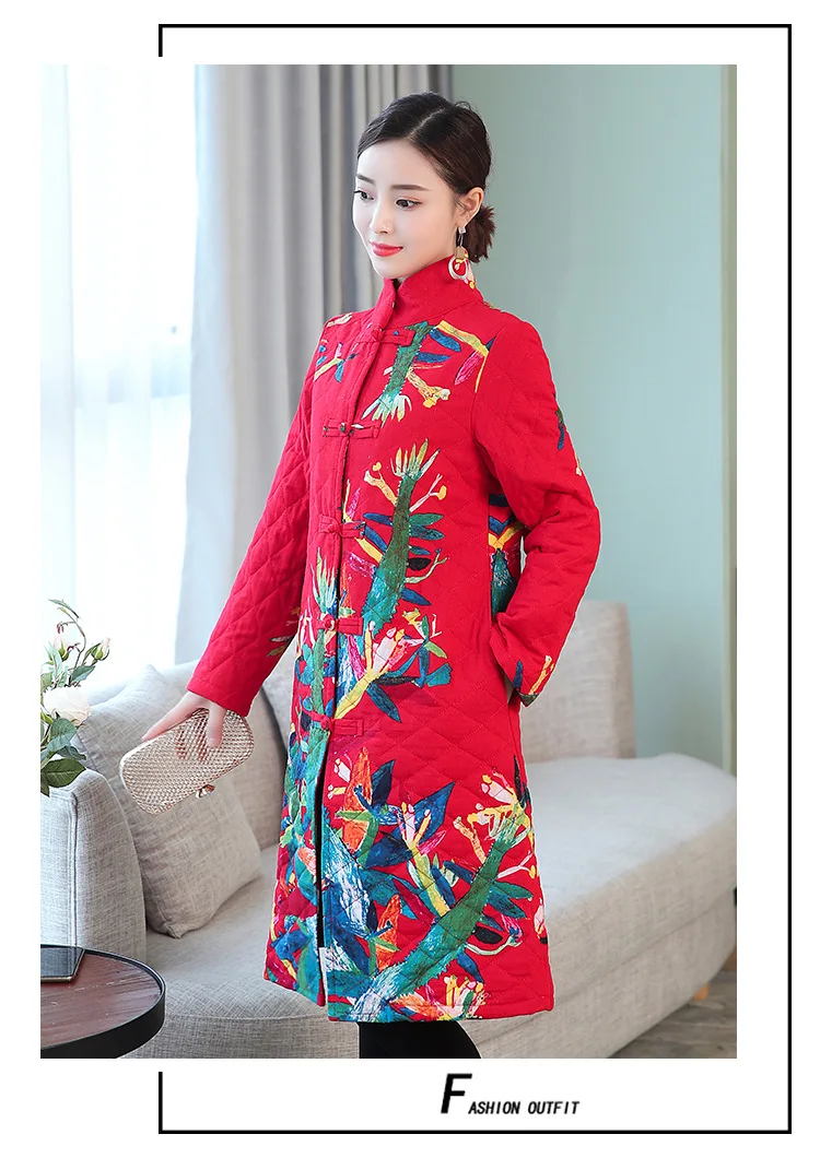 Хлопковый зимний стиль Cheongsam стиль плотный теплый Улучшенный длинный рукав однобортный приталенный крой Республика Китай-стиль
