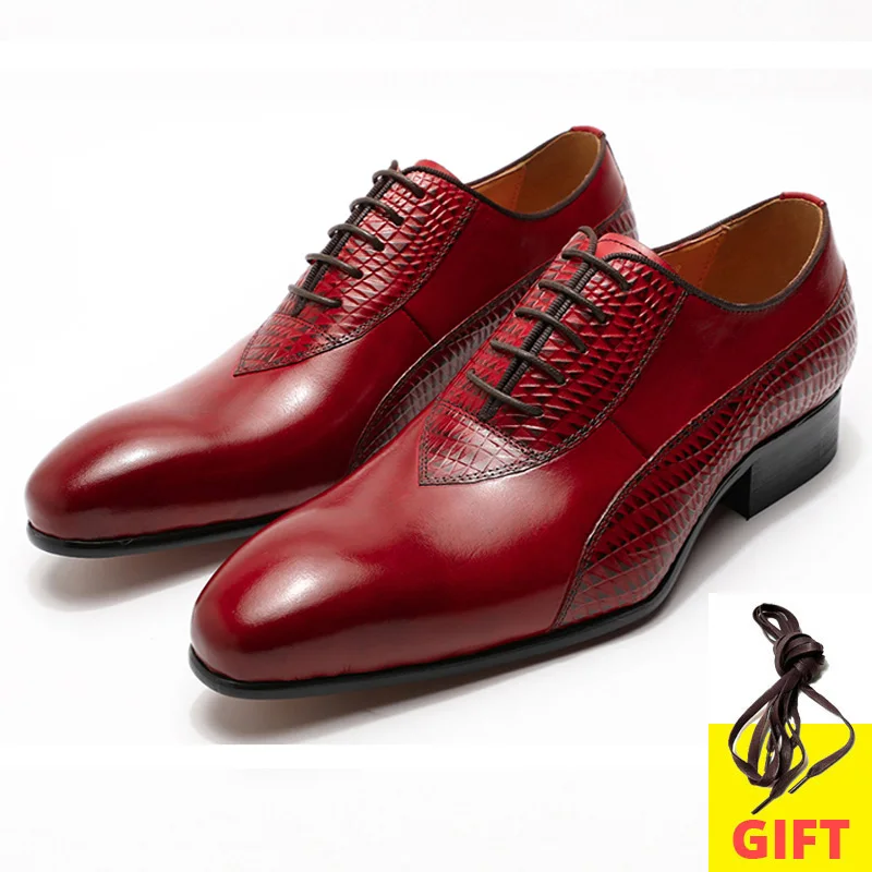 Высококачественные Мужские модельные туфли ручной работы мужские туфли-оксфорды из натуральной кожи с острым носком на шнуровке в строгом стиле свадебные туфли красного и черного цвета - Цвет: Red