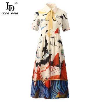 

LD LINDA DELLA Summer Fashion Runway Dress Women Peter pan Collar Bow Ruffles Short Sleeve Print Boho Ladies Casual Midi Dresses