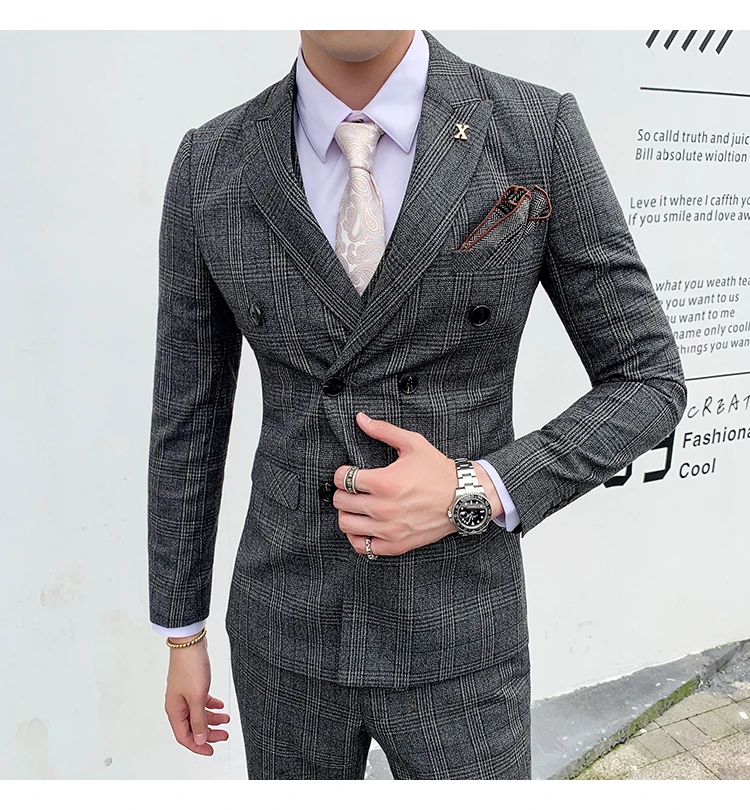 Мужской s Slim Fit двубортный костюм черный серый 3 шт смокинг джентльмена свадебный костюм для жениха деловые костюмы для мужчин Q871