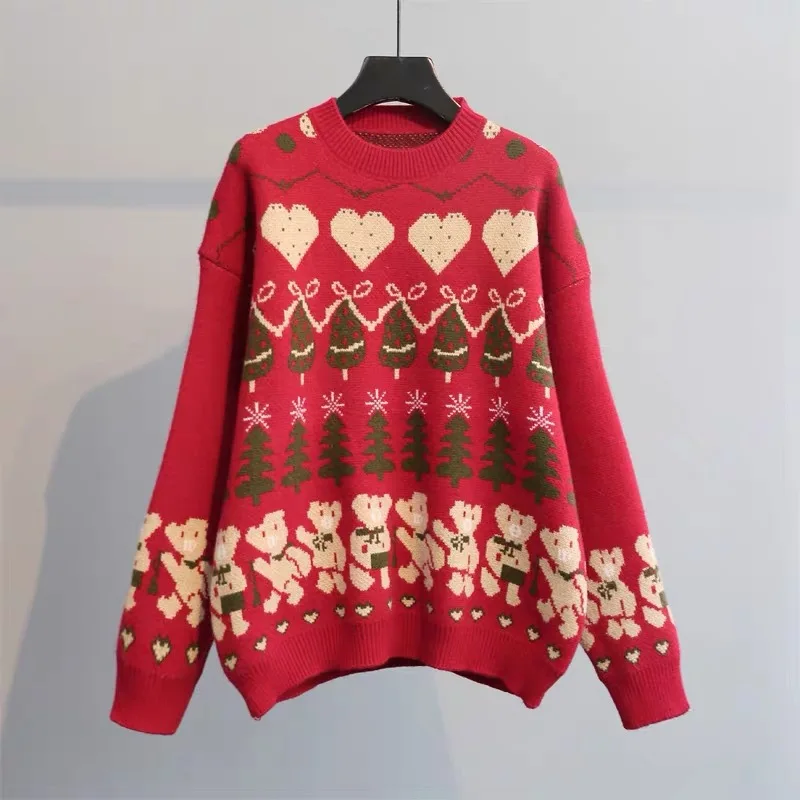 2019 Autumn And Winter New Style Korean-style Contrast Color Christmas Bear Jacquard by Age Pullover Knitting Shirt Loose-Fit Sw