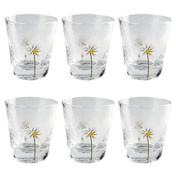 

1 Set/6pcs Transparent Water Cup Set Hand-painted Small Chrysanthemum Pattern Cup Transparent Heat-resistant Water Cup Set