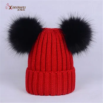 

Great Offer Europe And America Knitted Hat For Children Super Double Wool Imitation Ball Baby Hat Hair Ball Hat For Children.