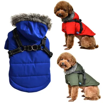 

Pet Dog Solid Color Jacket In Autumn Winter With A Cap Reflective Silk Suspender Design Pet Cotton-Padded Clothes