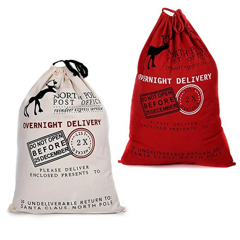 

1 PCS 50x70cm Reusable Large Christmas Sacks Santa Present Bag Elk Organic Heavy Canvas Bags With Red Drawstring Shopping Bag