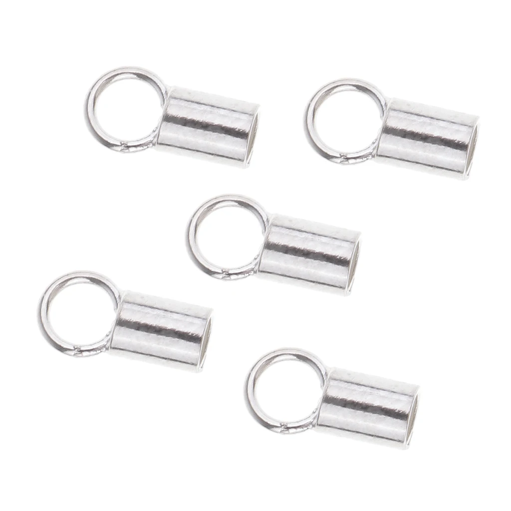 5 Pieces 925 Sterling silver color Tube Crimp Beads Leather Cord End Caps with Loop Jewelry Findings 2mm Inner Diameter