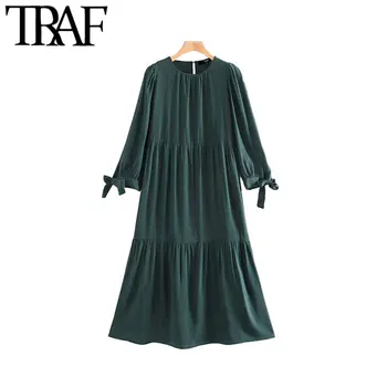 

TRAF Women Vintage Elegant Solid Midi Dress Fashion O Neck Bow Tie Three Qulater Sleeve Female Dresses Casual Vestidos Mujer