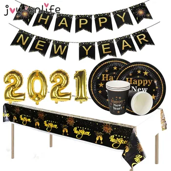 

Black Gold Happy New Year Disposable Tableware New Year 2021 Christmas Decoration for home Xmas navidad New Year Eve Supplies