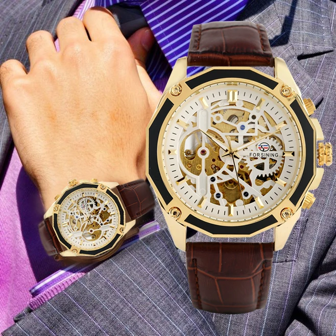 Men's Automatic Mechanical Watch Hollow Out Luxury Wristwatch Stainless Steel Skeleton Leather Strap Luminous Functions