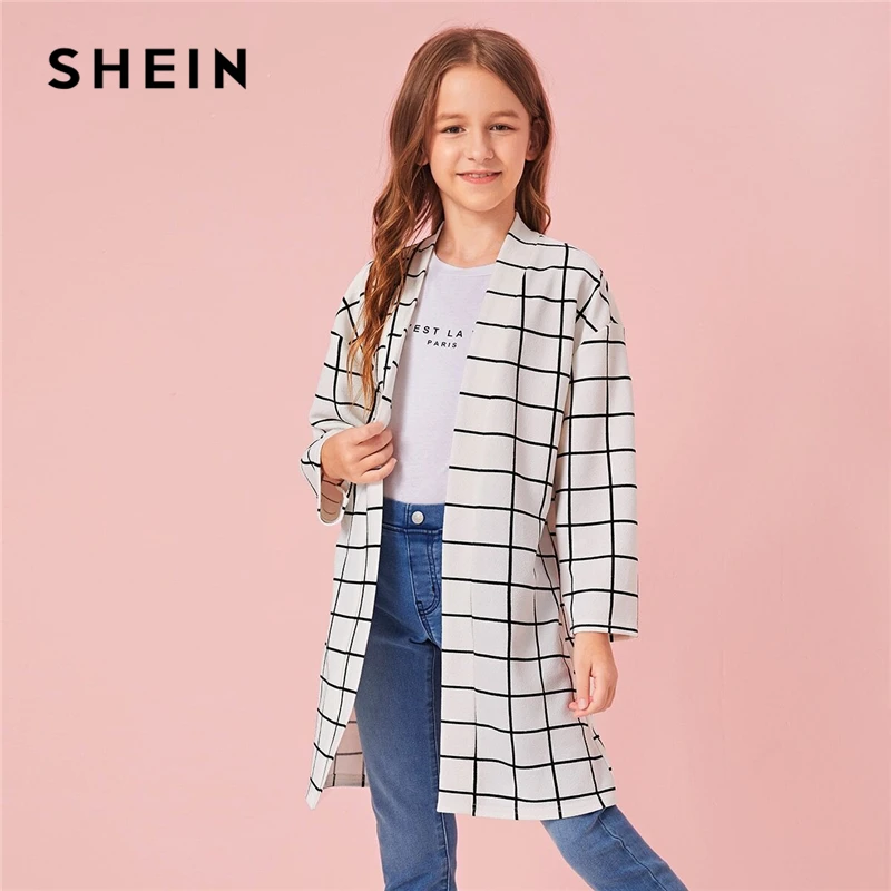 buy SHEIN Kiddie White Plaid Print Girls Open Front Long Coat Kids Clothes 2019 Autumn Long Sleeve Casu