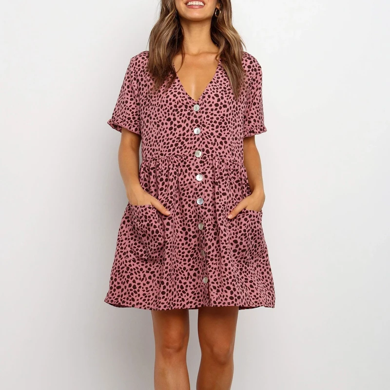 Polka Dot Pink 3XL повседневное короткое платье с коротким рукавом на пуговицах летнее сексуальное платье в горошек с v-образным вырезом и карманами женские модные вечерние платья Vestidos - Цвет: Polka Dot Pink