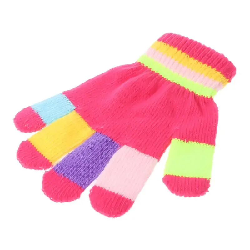 1 Pair Kids Gloves Full Finger Warm Winter Children Colorful Stripe Knitted Boys Girls Solid Glove Multi Color Elastic