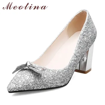 

Meotina High Heels Women Pumps Glitter Bow Thick Heels Wedding Shoes Elegant Bling Super High heel Shoes Ladies Red Size 34-39