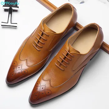 

QYFCIOUFU Italian Genuine Leather Men's Oxfords Pointed Toe Man Wedding Party Flats Formal Dress Handmade Black Khaki Suit Shoes