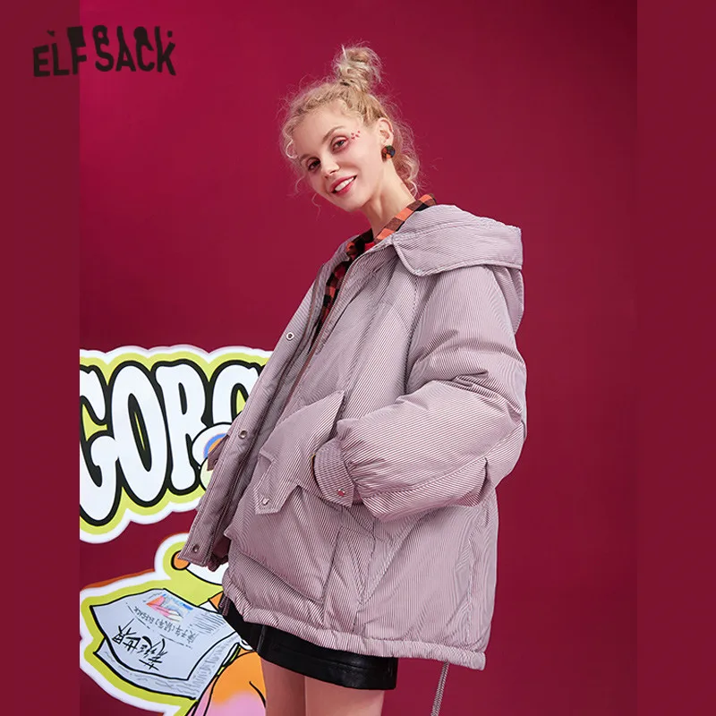 ELFSACK, розовые, в полоску, с завязками, теплые, с капюшоном, пуховики для женщин, зима, новинка, прямые, повседневные, офисные, для девушек, базовые, верхняя одежда