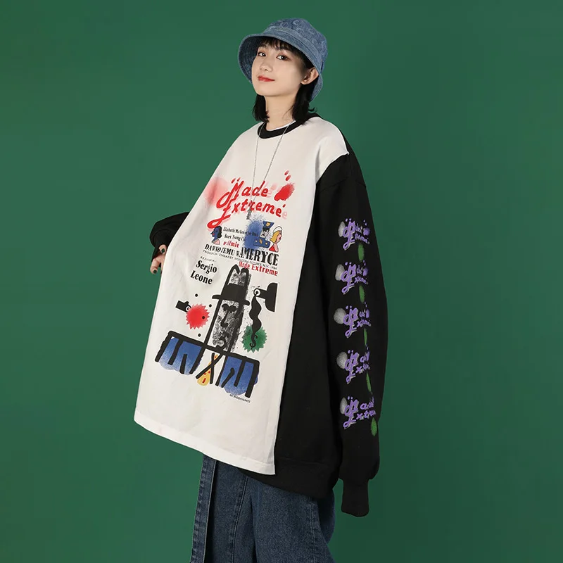 Fake two pieces of graffiti loose sweatshirts women's hoodie new Korean version lazy clothes fashion top sweatshirt
